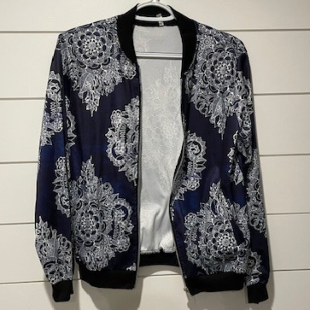 Navy and White bomber jacket with pockets